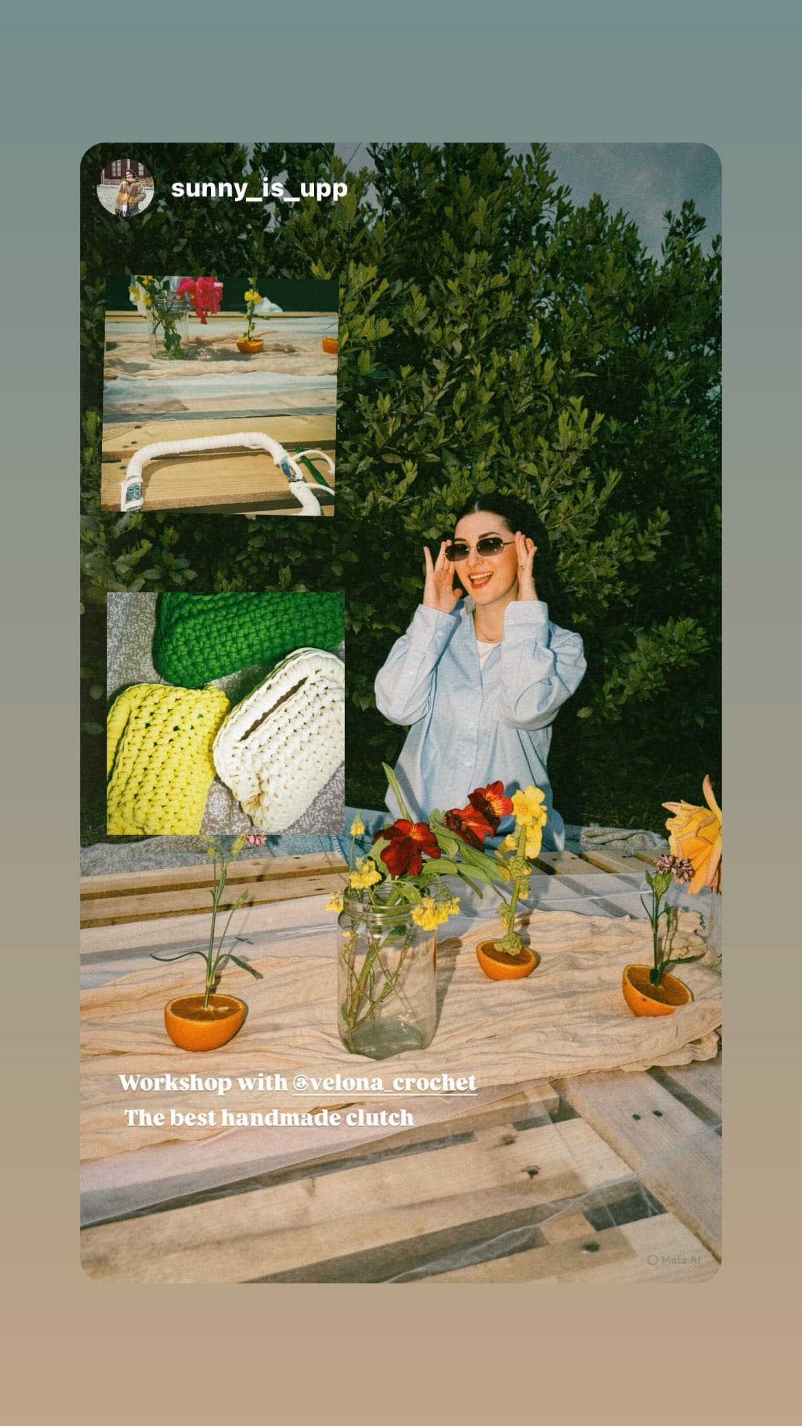 A VELONA crochet workshop surrounded by handmade clutches and flowers