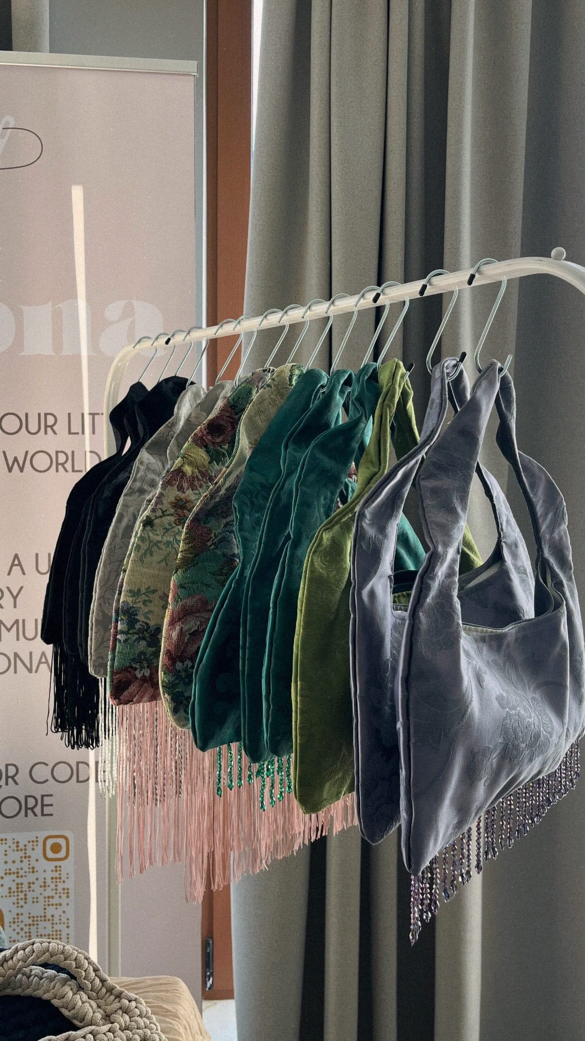 VELONA fringe bags displayed together in the studio